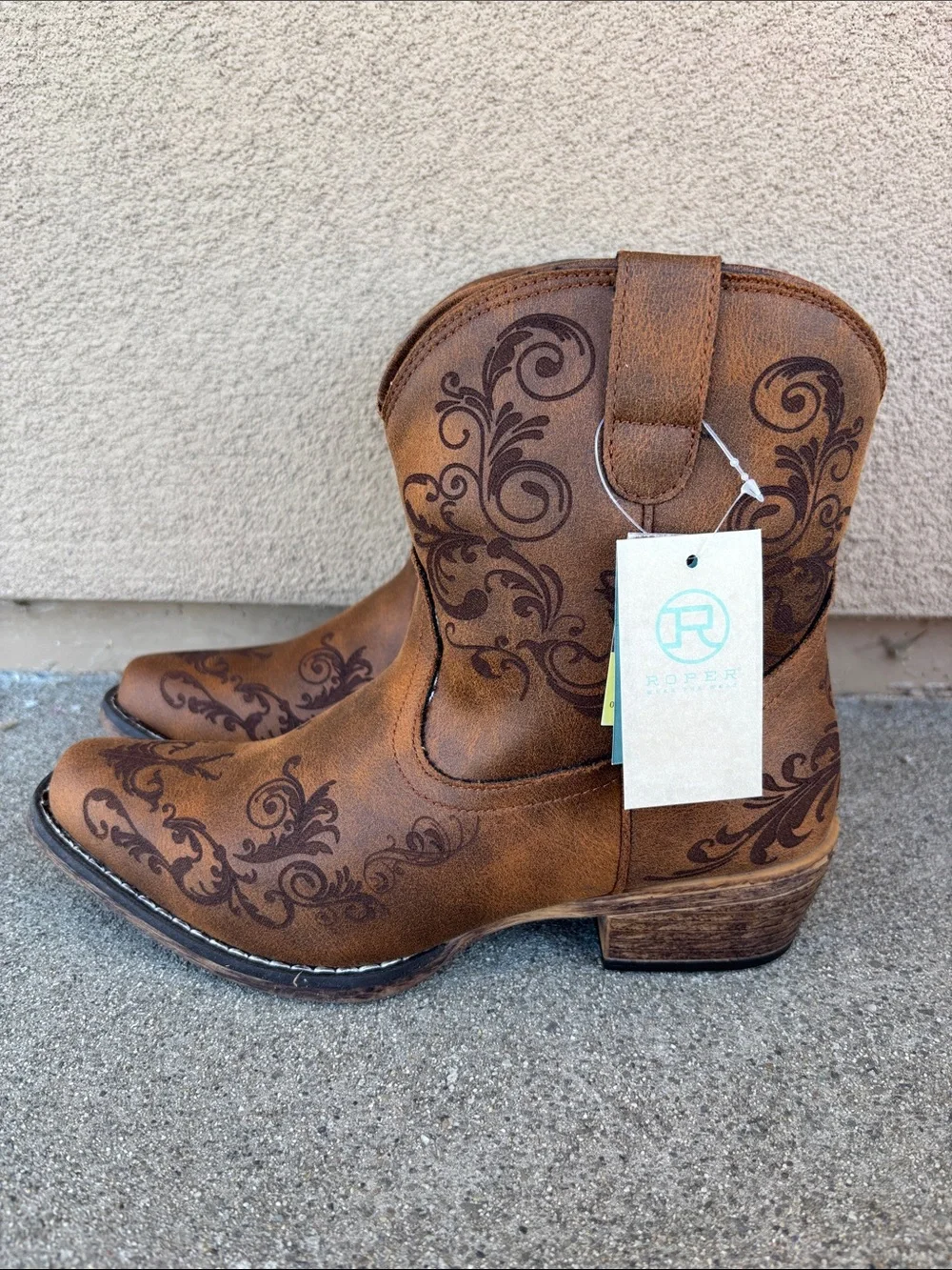 Roper Brown Western Short Shaft Boots with Scroll Embroidery